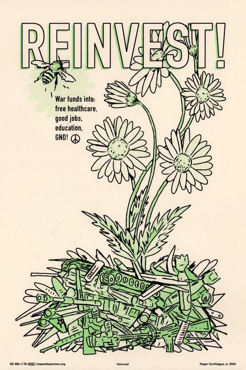 Poster by Olly Costello featuring various activities that foster liberation, community building, and divesting from oppression and war